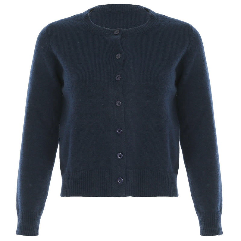 Women's Button Cardigan in Navy, Cream and Grey with Round Neck - 1 - London-stylehouse.com