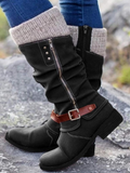 Women's Slouchy Knee-High Boots with Buckle Detail and Knitted Cuff - 1 - London-stylehouse.com
