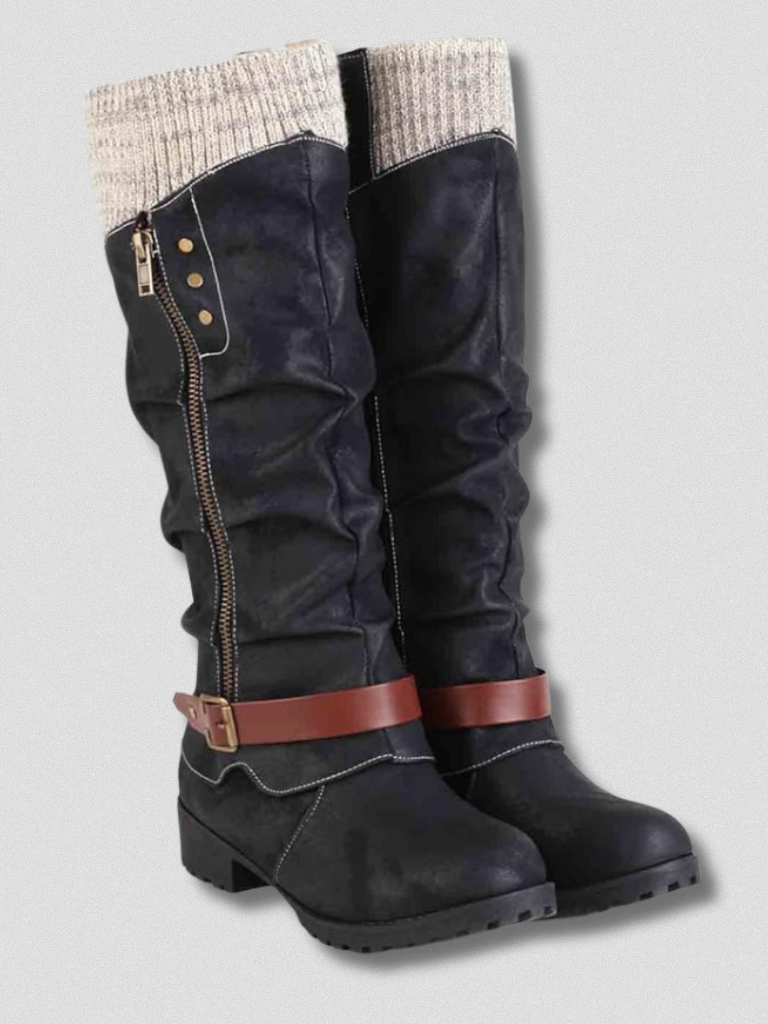 Women's Slouchy Knee-High Boots with Buckle Detail and Knitted Cuff - 2 - London-stylehouse.com