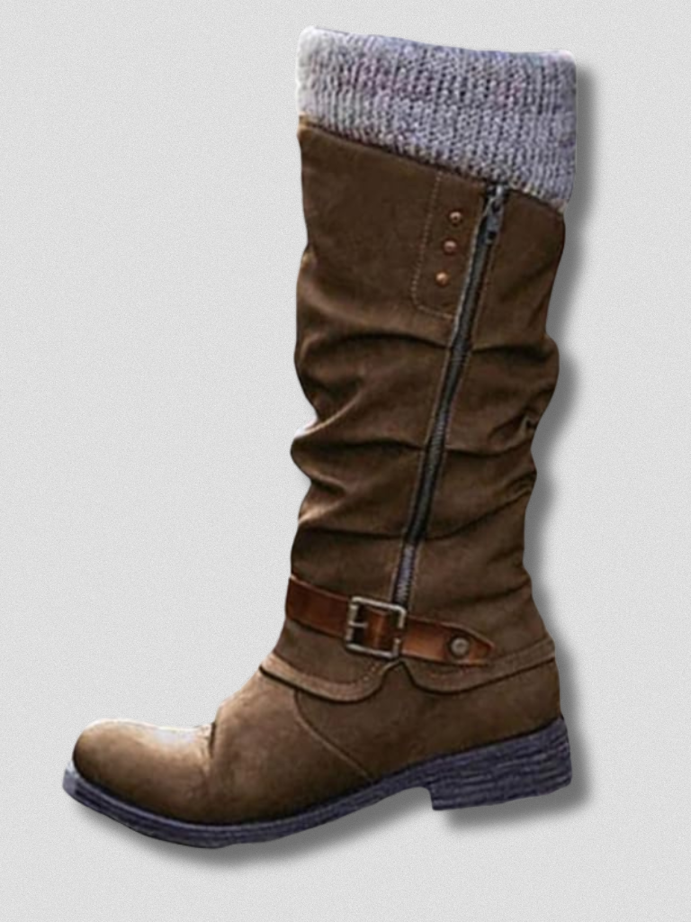 Women's Slouchy Knee-High Boots with Buckle Detail and Knitted Cuff - 4 - London-stylehouse.com