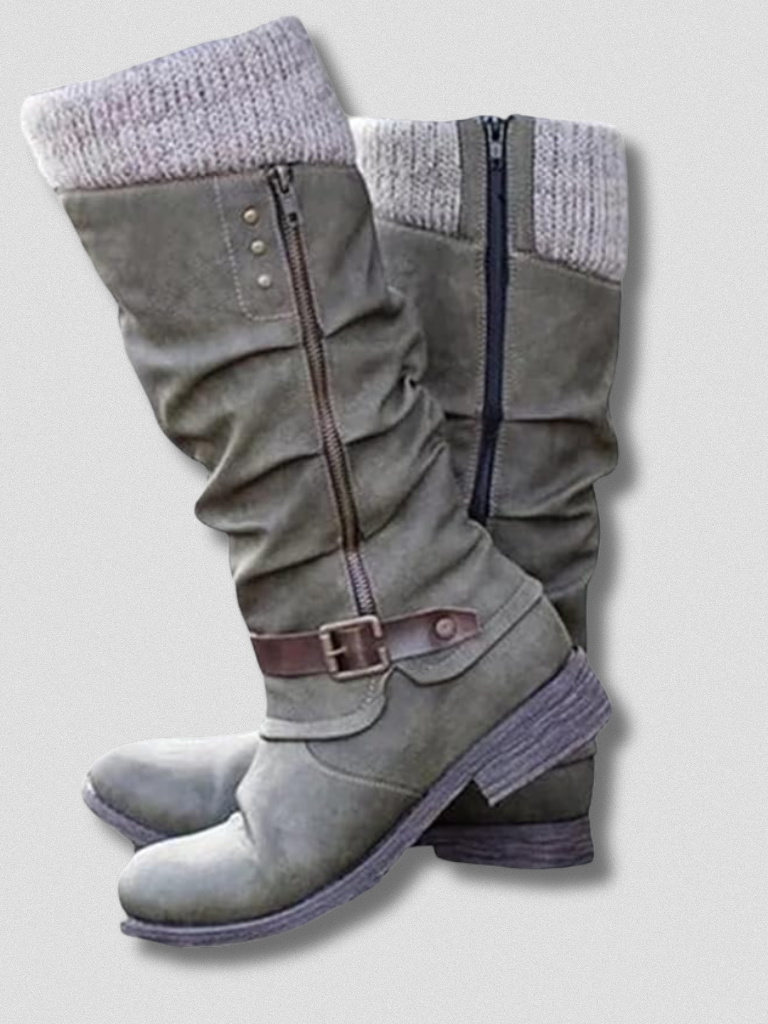 Women's Slouchy Knee-High Boots with Buckle Detail and Knitted Cuff - 6 - London-stylehouse.com