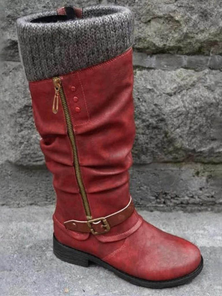 Women's Slouchy Knee-High Boots with Buckle Detail and Knitted Cuff - 8 - London-stylehouse.com