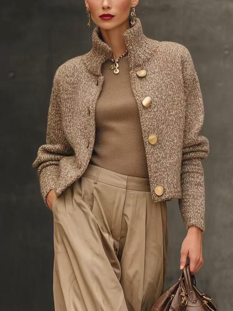 Women's Jacket with Stand-Up Collar and Button Details - 1 - London-stylehouse.com