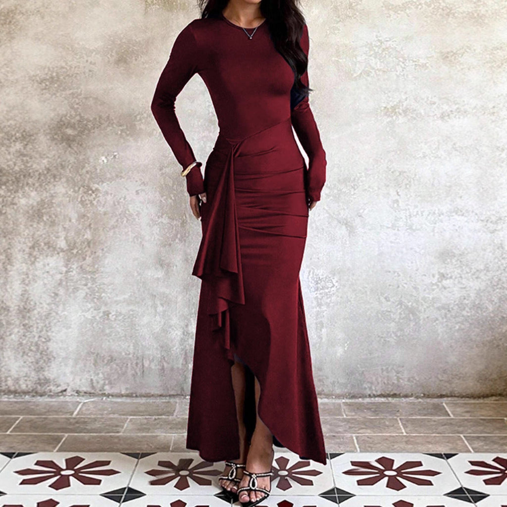 Evening Dress Women Long Sleeve Fitted with Asymmetrical Ruffles - 2 - London-stylehouse.com
