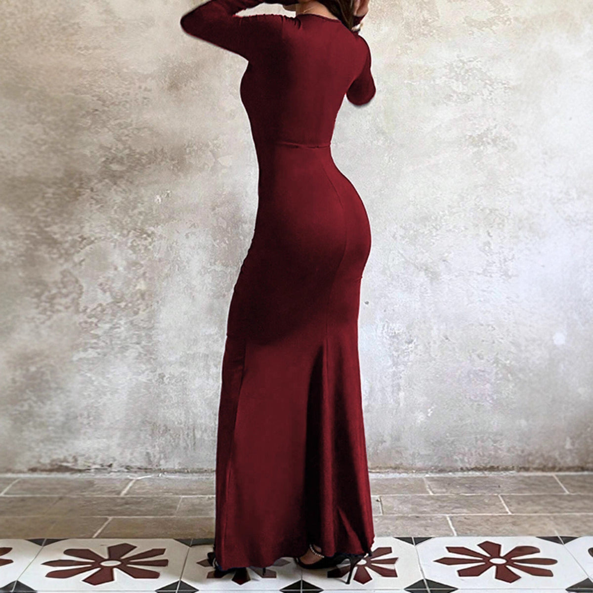Evening Dress Women Long Sleeve Fitted with Asymmetrical Ruffles - 3 - London-stylehouse.com