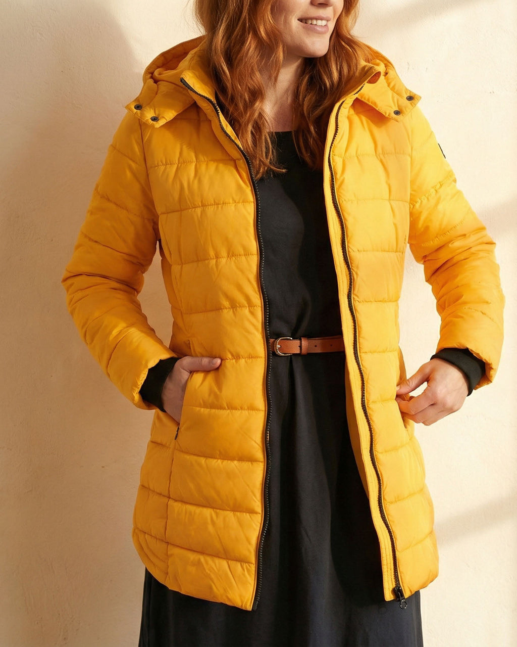 Women's Puffer Jacket with Hood - Long Sleeve, Zip Front, Warm Colour - 8 - London-stylehouse.com