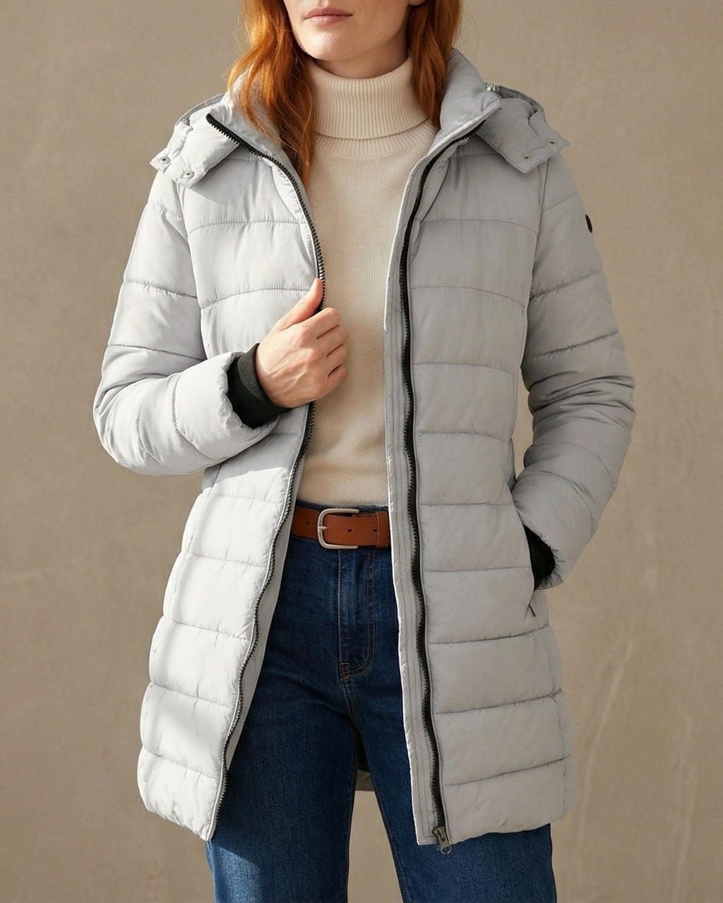 Women's Puffer Jacket with Hood - Long Sleeve, Zip Front, Warm Colour - 9 - London-stylehouse.com
