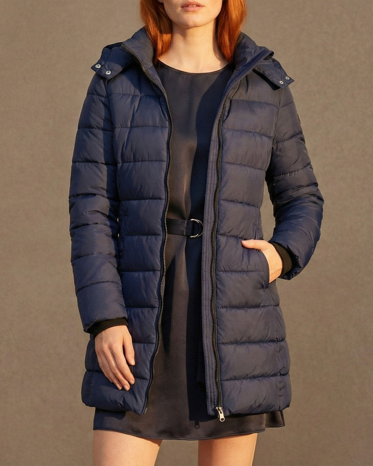 Women's Puffer Jacket with Hood - Long Sleeve, Zip Front, Warm Colour - 10 - London-stylehouse.com
