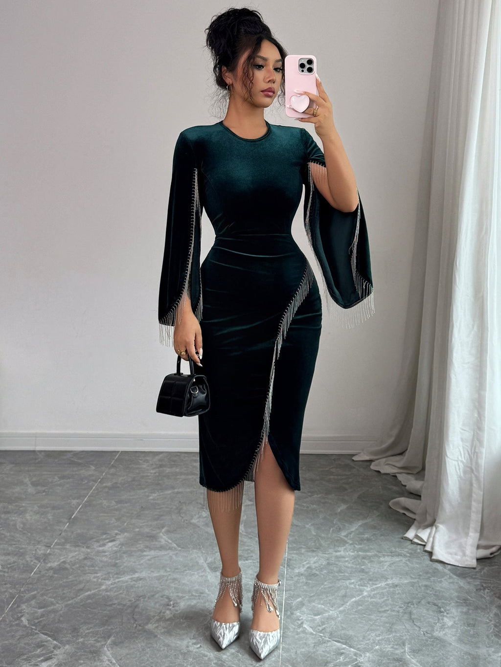 Midi Dress for Women with Elegant Wrap Design and Fringed Sleeves - 1 - London-stylehouse.com