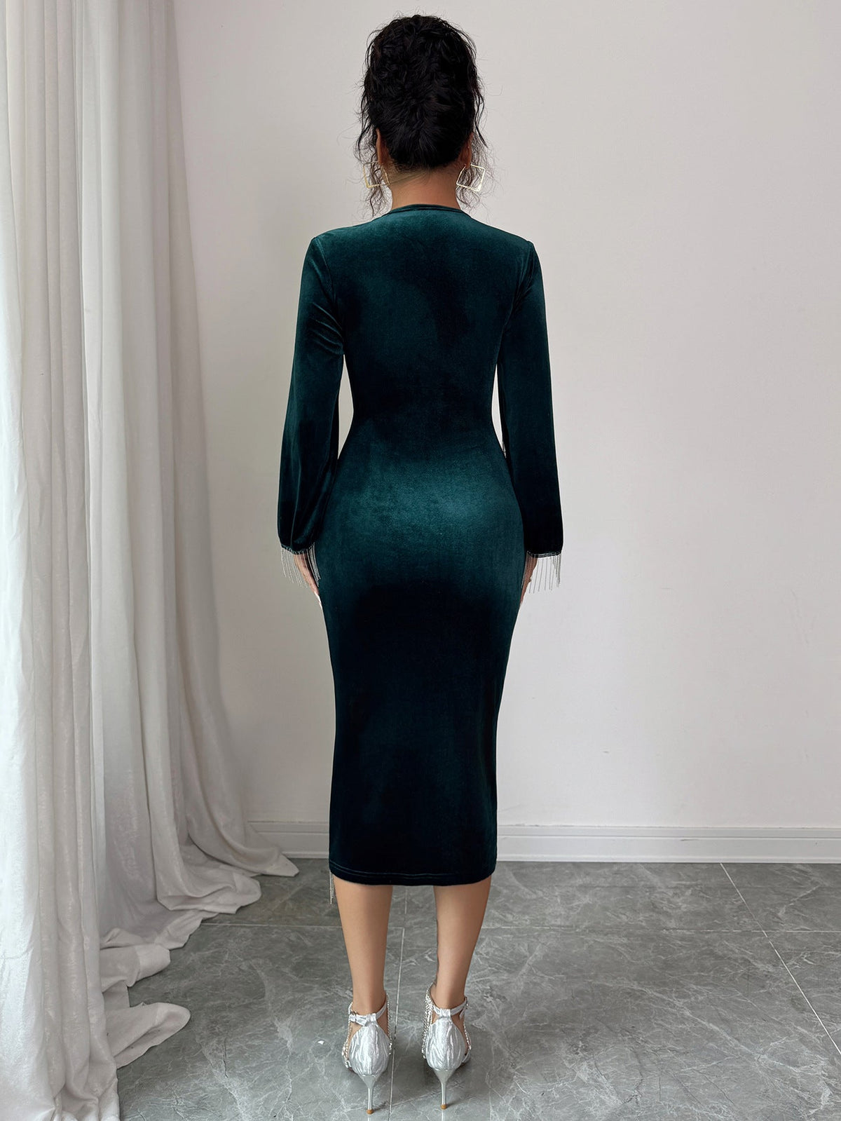 Midi Dress for Women with Elegant Wrap Design and Fringed Sleeves - 5 - London-stylehouse.com