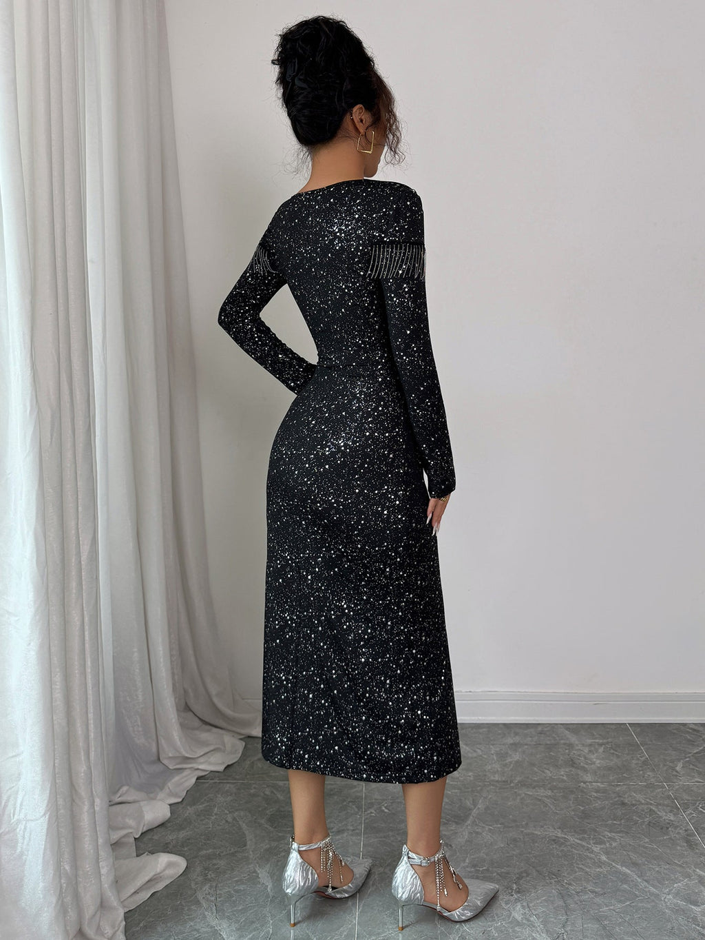 Midi Dress Women Long Sleeve Bodycon with Fringe Detail - 5 - London-stylehouse.com