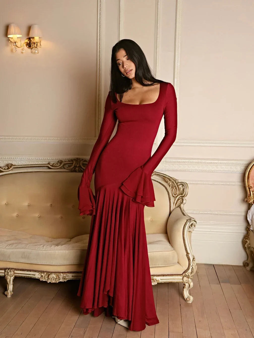Maxi Dress Women Fitted Silhouette with Flared Sleeves - 1 - London-stylehouse.com