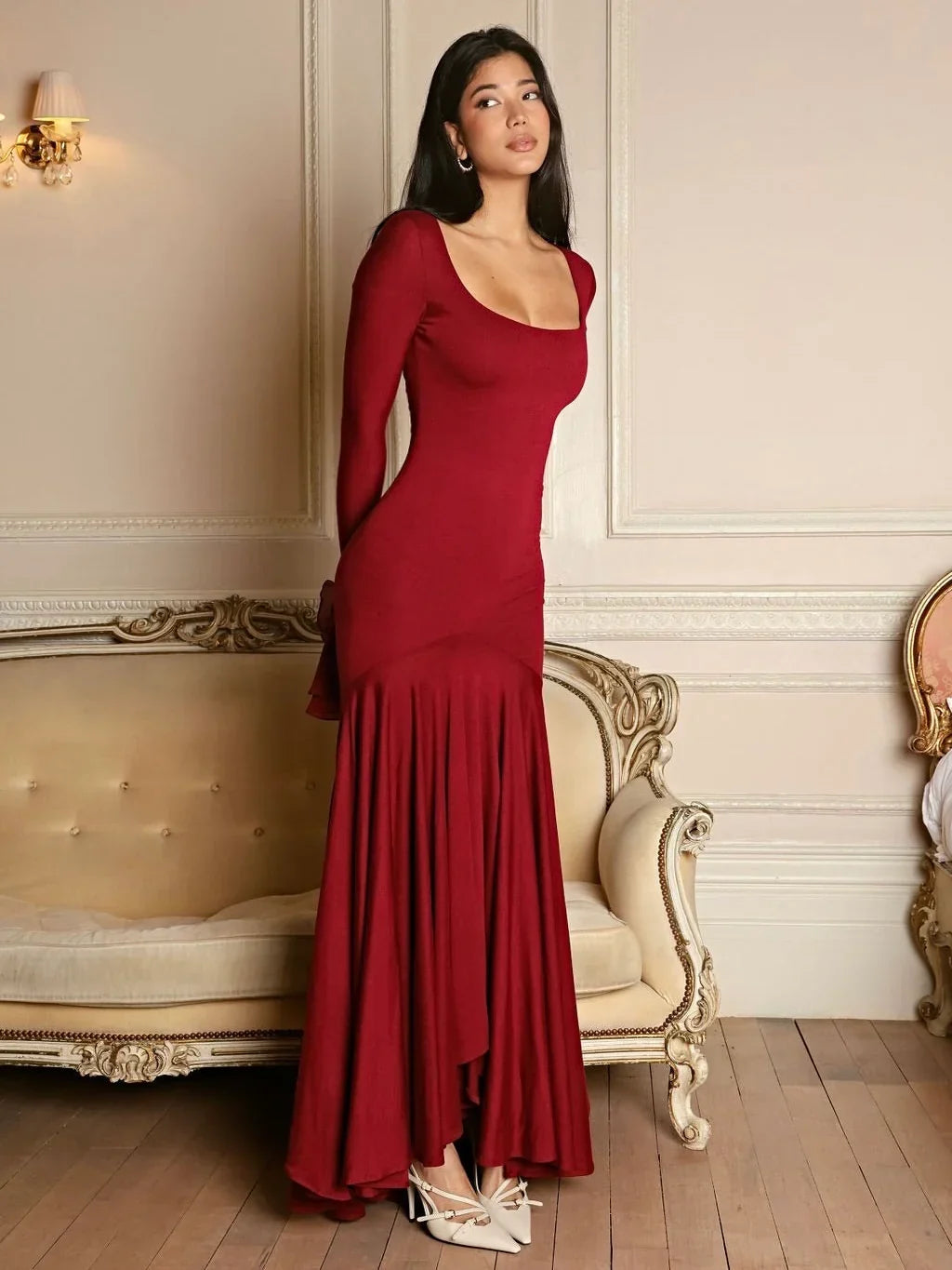 Maxi Dress Women Fitted Silhouette with Flared Sleeves - 2 - London-stylehouse.com