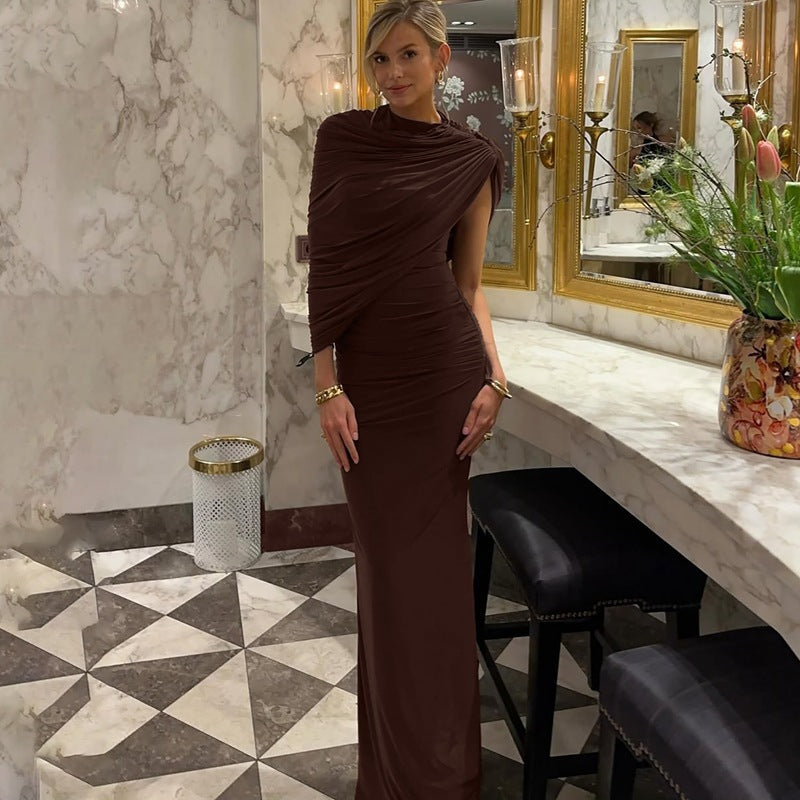 Maxi Dress Women Fitted with Asymmetrical Draping - 5 - London-stylehouse.com