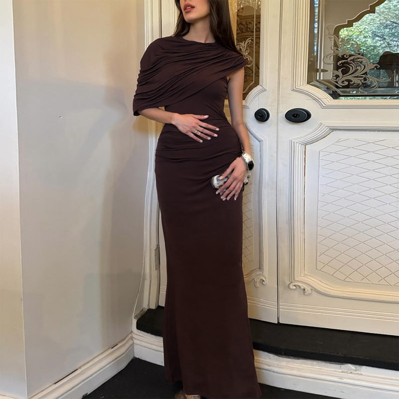 Maxi Dress Women Fitted with Asymmetrical Draping - 6 - London-stylehouse.com