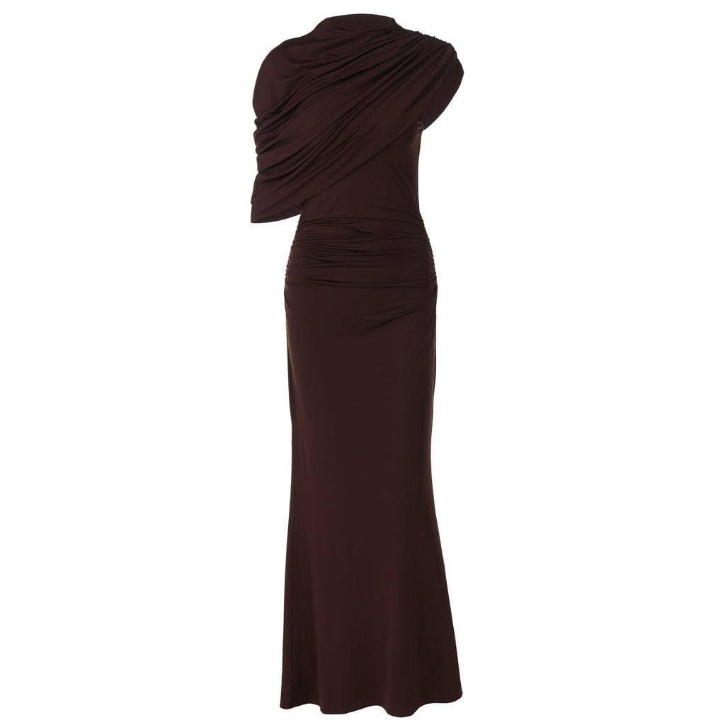 Maxi Dress Women Fitted with Asymmetrical Draping - 7 - London-stylehouse.com