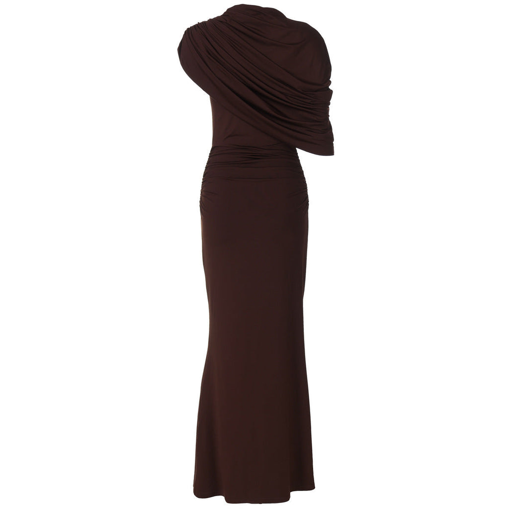 Maxi Dress Women Fitted with Asymmetrical Draping - 8 - London-stylehouse.com