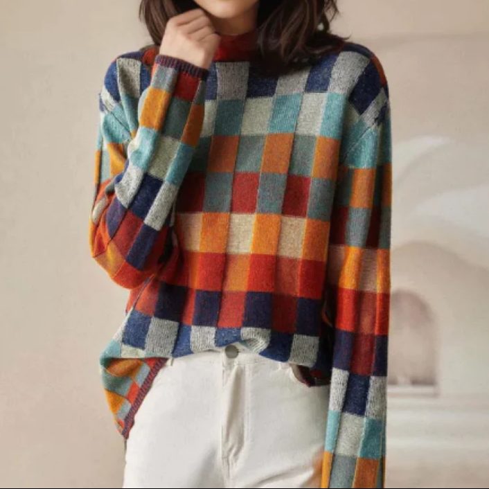 Colourful Checkered Pullover for Women with Stand-Up Collar - 1 - London-stylehouse.com