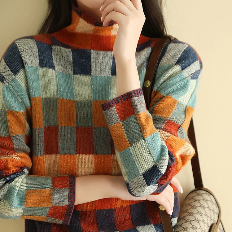 Colourful Checkered Pullover for Women with Stand-Up Collar - 2 - London-stylehouse.com