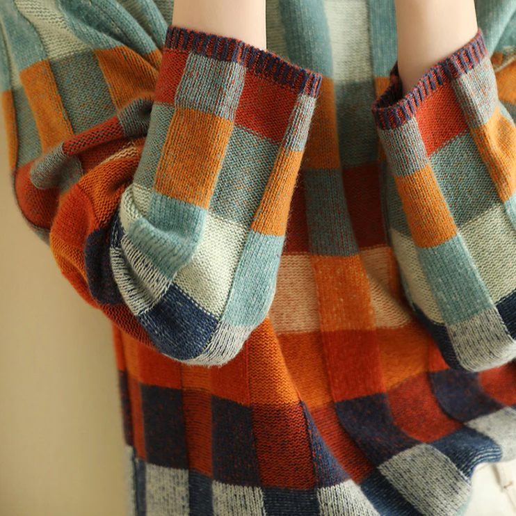 Colourful Checkered Pullover for Women with Stand-Up Collar - 5 - London-stylehouse.com