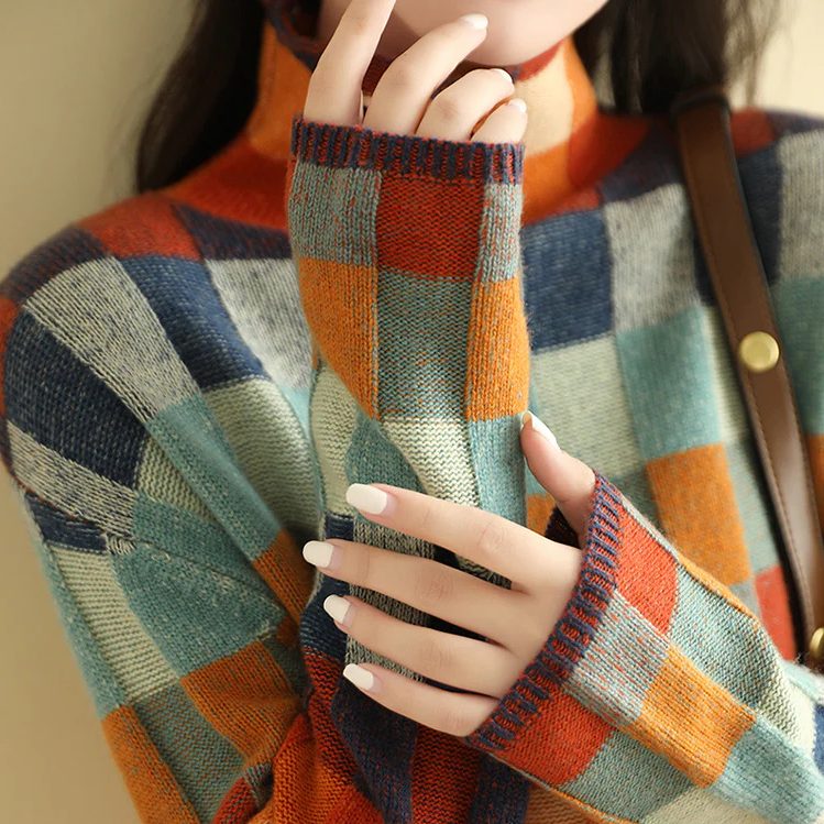 Colourful Checkered Pullover for Women with Stand-Up Collar - 6 - London-stylehouse.com