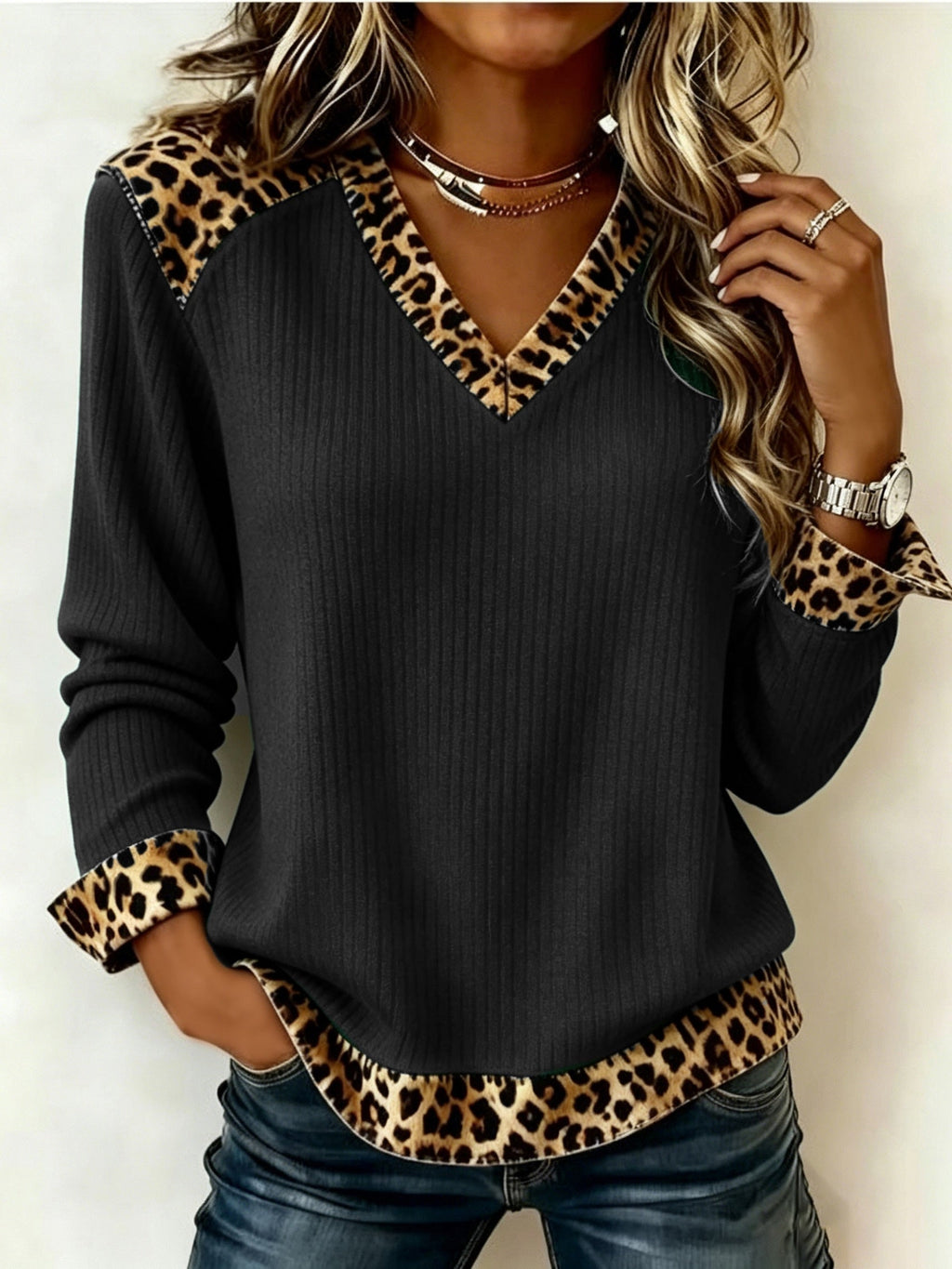 Women's V-Neck Blouse with Bold Leopard Print Accents - 10 - London-stylehouse.com