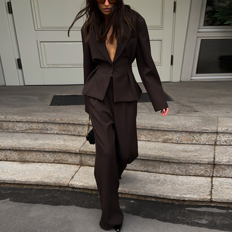 Tailored Women's Blazer and Wide-Leg Trousers Set, V-Neck, Long Sleeves - 1 - London-stylehouse.com