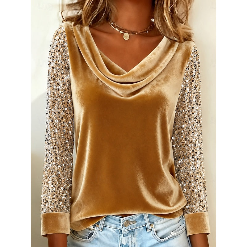 Cowl Neck Women's Blouse with Sequin Sleeves - 1 - London-stylehouse.com