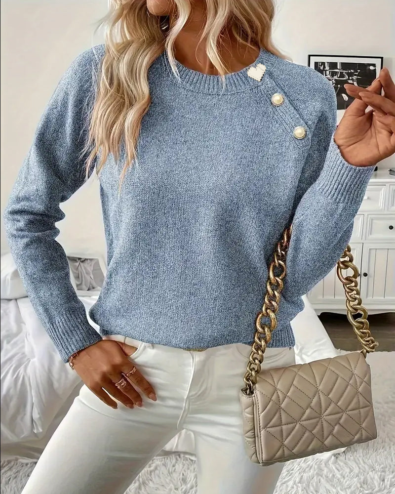Women's Pullover Sweater with Raglan Sleeves and Button Detail - 11 - London-stylehouse.com