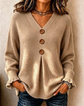 V-Neck Women's Pullover with Button Detail and Relaxed Fit - 1 - London-stylehouse.com
