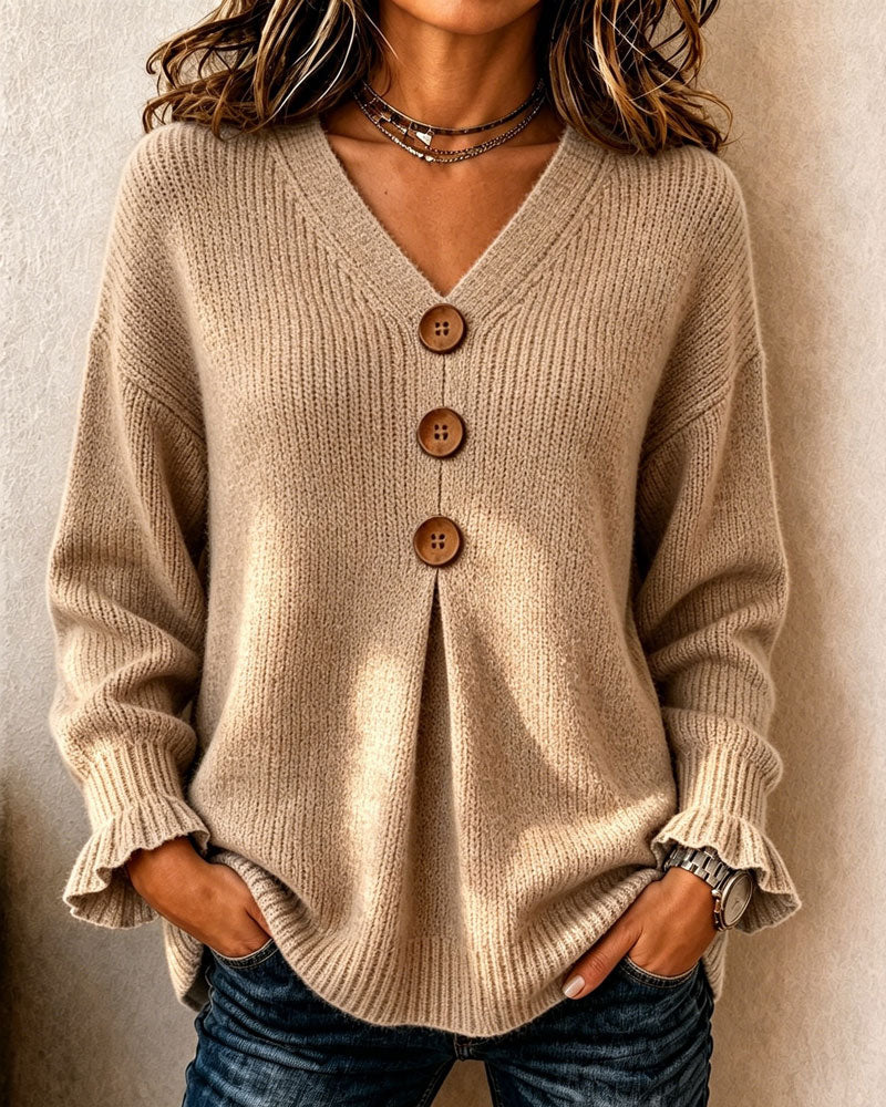 V-Neck Women's Pullover with Button Detail and Relaxed Fit - 1 - London-stylehouse.com