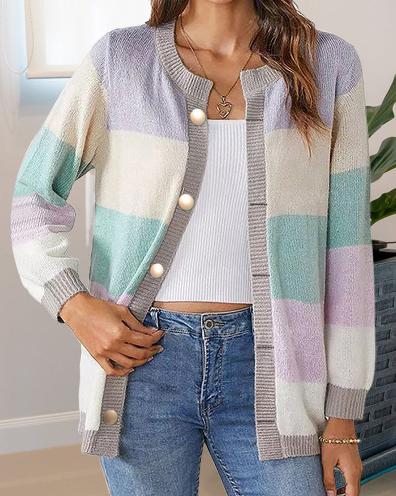 Colour Block Women's Cardigan with Long Sleeves and Button Closure - 2 - London-stylehouse.com