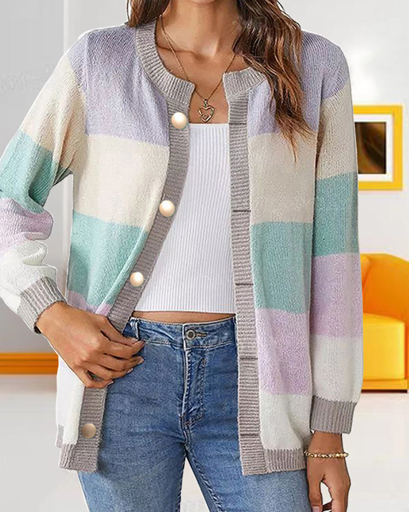 Colour Block Women's Cardigan with Long Sleeves and Button Closure - 5 - London-stylehouse.com