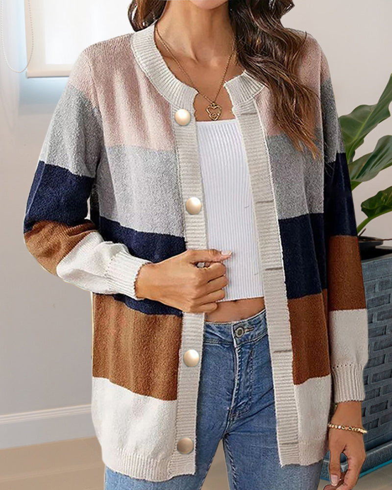 Colour Block Women's Cardigan with Long Sleeves and Button Closure - 7 - London-stylehouse.com