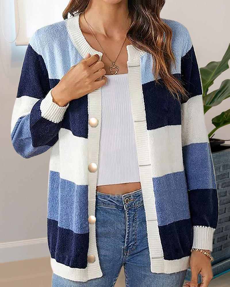 Colour Block Women's Cardigan with Long Sleeves and Button Closure - 8 - London-stylehouse.com