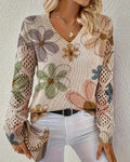 Women's V-Neck Sweater with Floral Print and Open Stitch Design - 1 - London-stylehouse.com