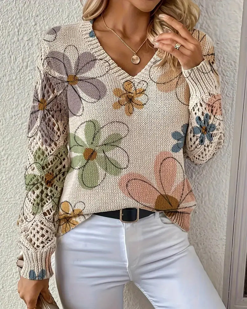 Women's V-Neck Sweater with Floral Print and Open Stitch Design - 2 - London-stylehouse.com