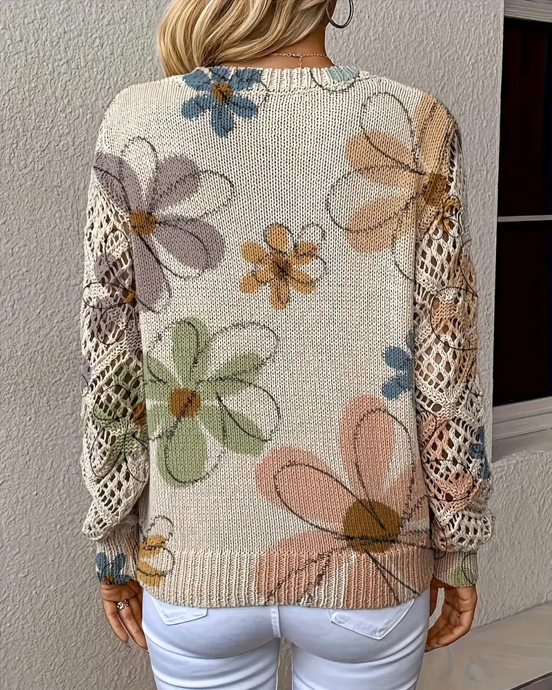 Women's V-Neck Sweater with Floral Print and Open Stitch Design - 4 - London-stylehouse.com