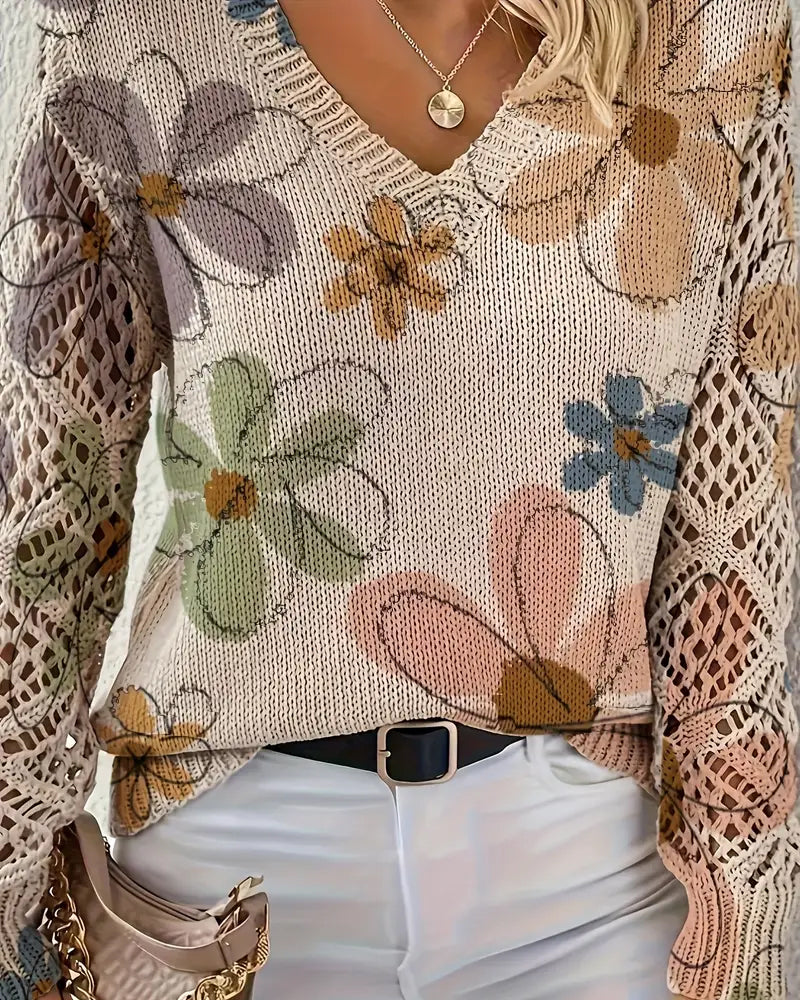 Women's V-Neck Sweater with Floral Print and Open Stitch Design - 5 - London-stylehouse.com