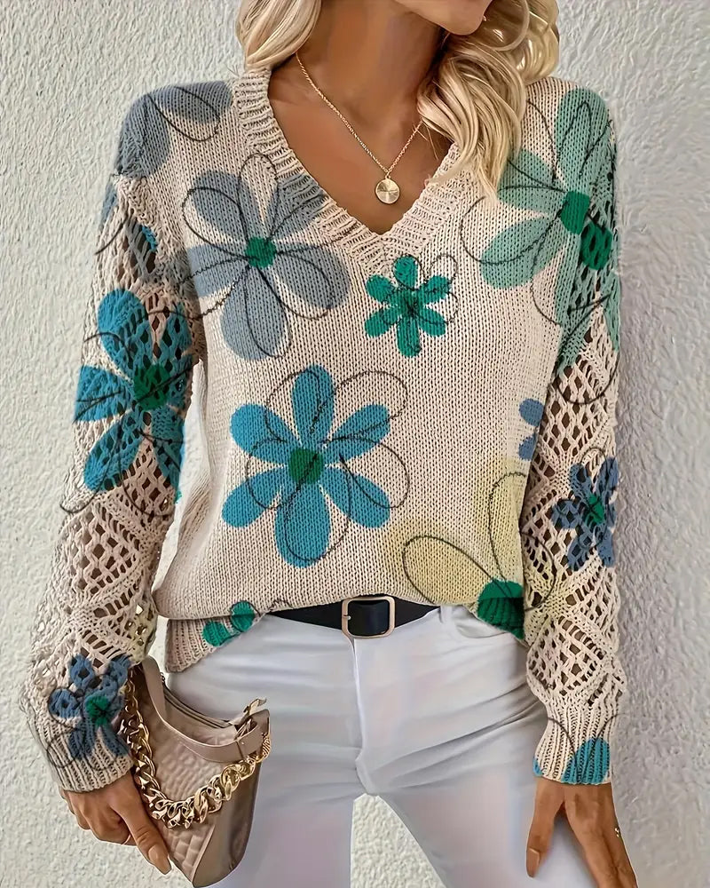 Women's V-Neck Sweater with Floral Print and Open Stitch Design - 6 - London-stylehouse.com