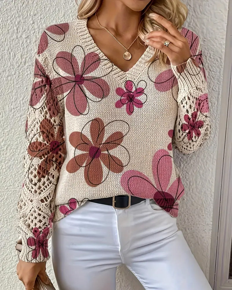 Women's V-Neck Sweater with Floral Print and Open Stitch Design - 7 - London-stylehouse.com
