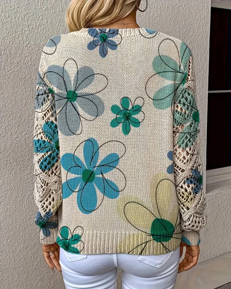 Women's V-Neck Sweater with Floral Print and Open Stitch Design - 8 - London-stylehouse.com