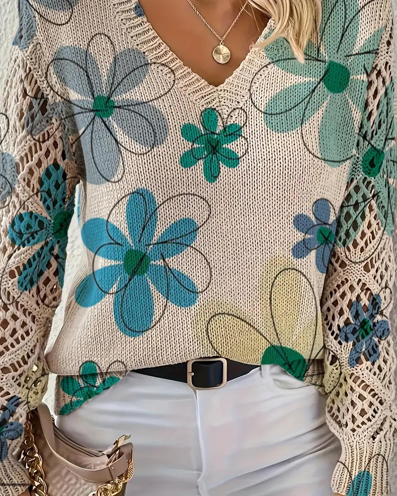Women's V-Neck Sweater with Floral Print and Open Stitch Design - 9 - London-stylehouse.com