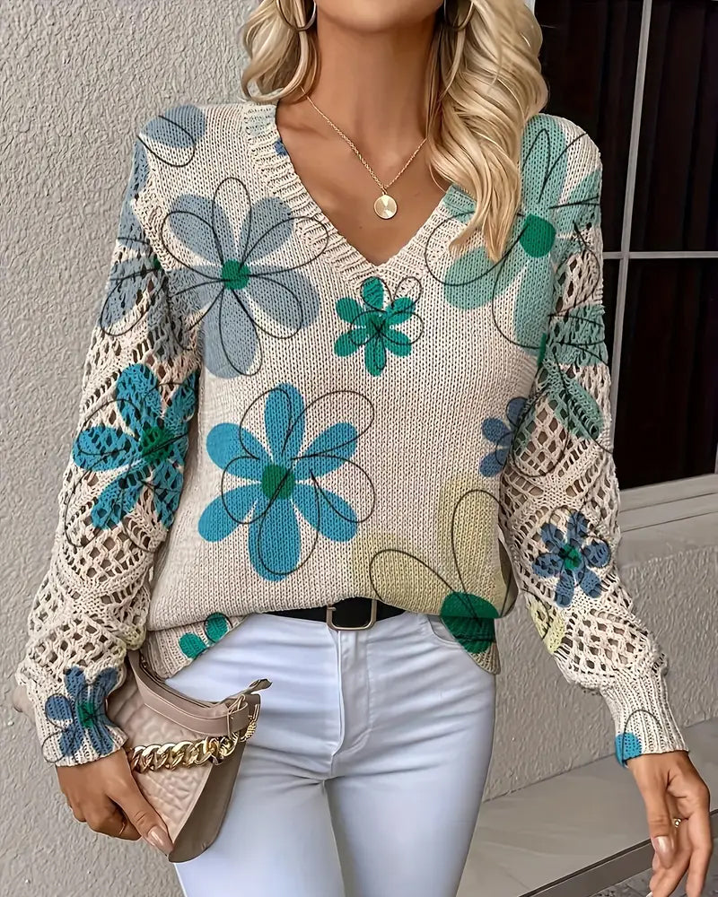 Women's V-Neck Sweater with Floral Print and Open Stitch Design - 10 - London-stylehouse.com