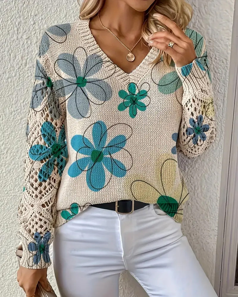 Women's V-Neck Sweater with Floral Print and Open Stitch Design - 11 - London-stylehouse.com