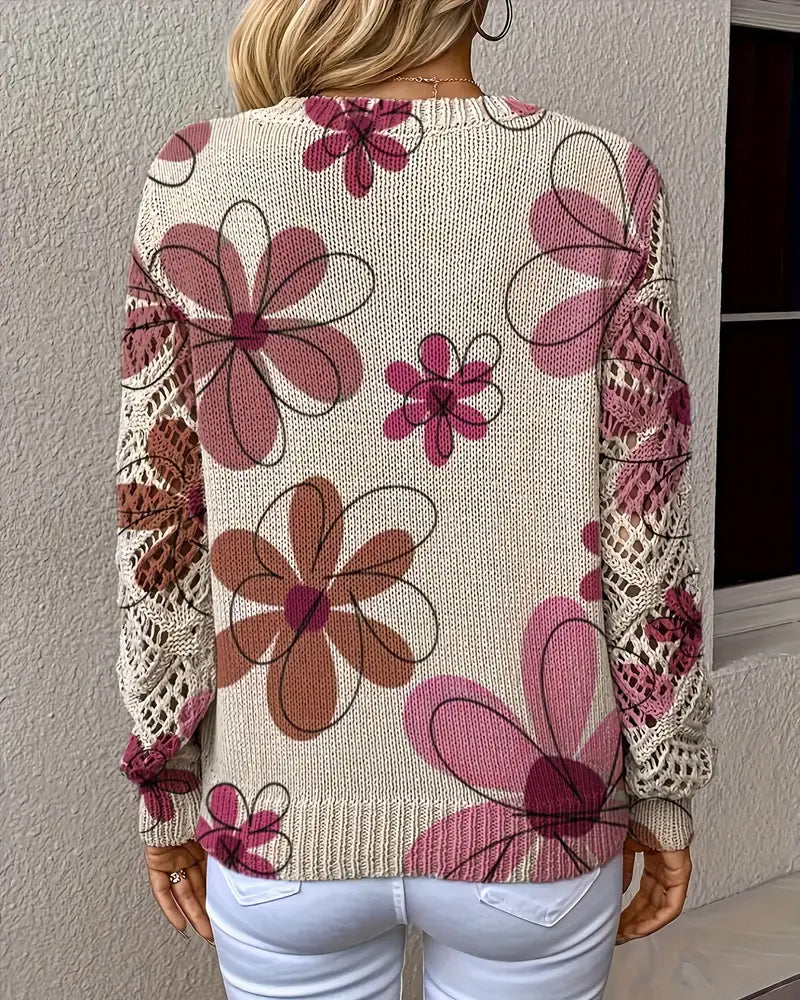 Women's V-Neck Sweater with Floral Print and Open Stitch Design - 13 - London-stylehouse.com