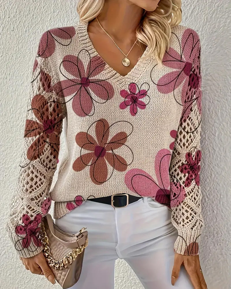 Women's V-Neck Sweater with Floral Print and Open Stitch Design - 14 - London-stylehouse.com