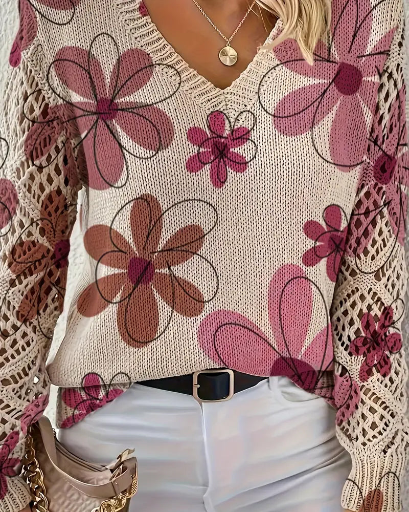 Women's V-Neck Sweater with Floral Print and Open Stitch Design - 15 - London-stylehouse.com
