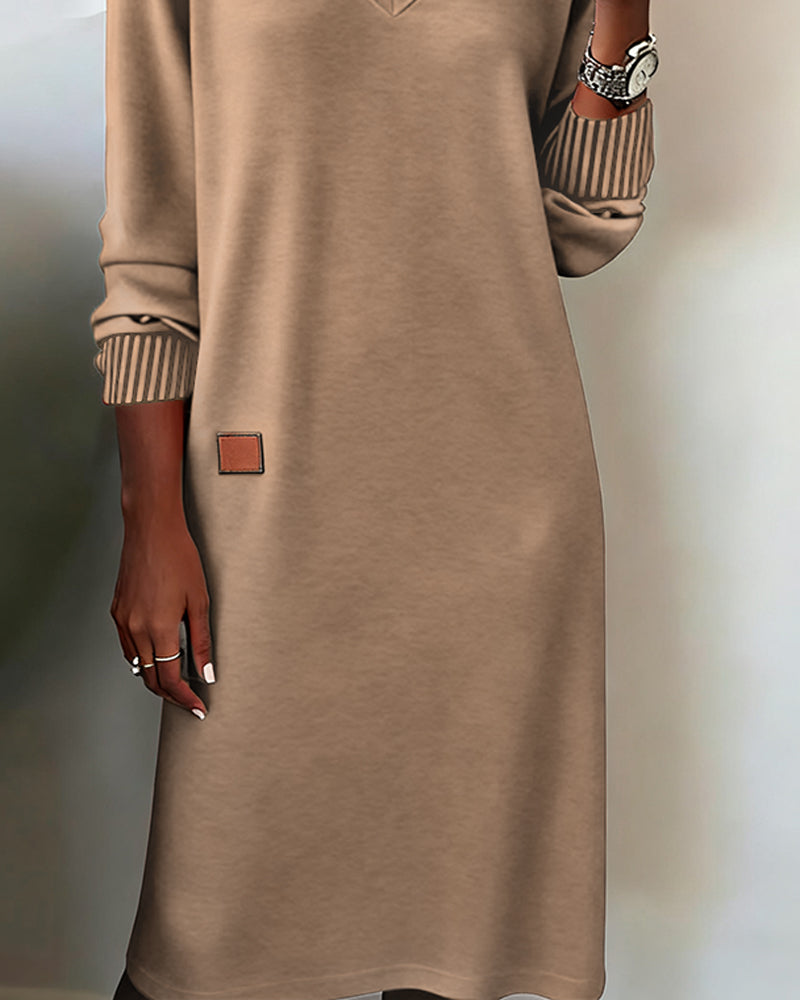 V-Neck Women's Midi Dress with Long Sleeves and Relaxed Fit - 6 - London-stylehouse.com