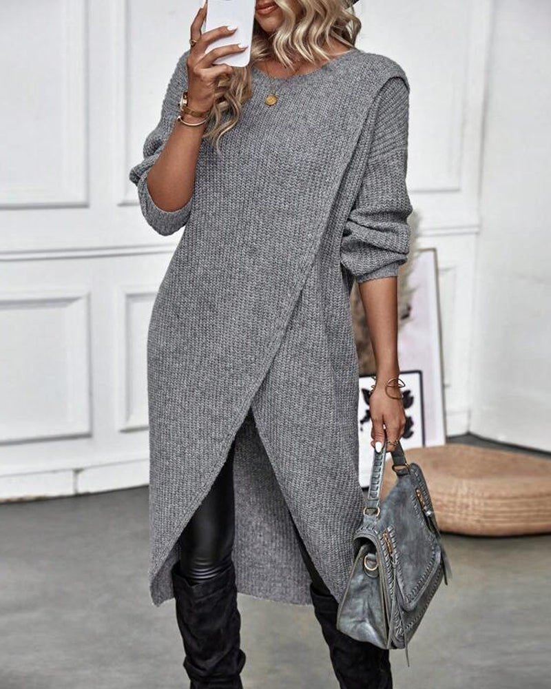 Knee-Length Women's Dress with Wrap Design and Long Sleeves - 1 - London-stylehouse.com